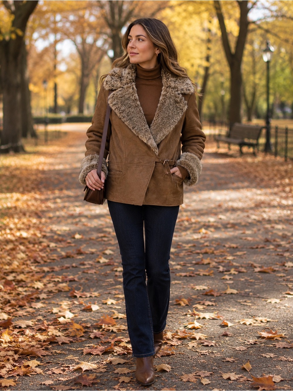Danier Brown Leather jacket with Rabbit Fur Collar